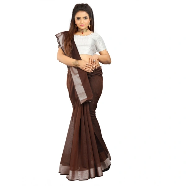 Women's Cotton Silk Self Design Saree With Unstitched Blouse 5.5Mtr (Brown) - Brown