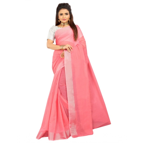 Women's Cotton Silk Self Design Saree With Unstitched Blouse 5.5Mtr (Pink) - Pink