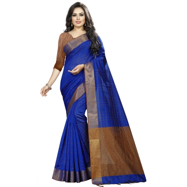 Women's Cotton Silk Self Design Saree With Unstitched Blouse 5.5Mtr (Blue) - Blue