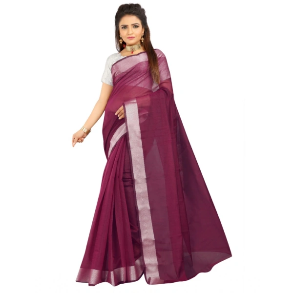 Women's Cotton Silk Self Design Saree With Unstitched Blouse 5.5Mtr (Purple) - Purple