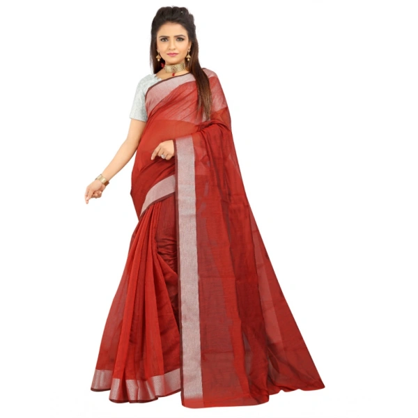Women's Cotton Silk Self Design Saree With Unstitched Blouse 5.5Mtr (Red) - Red