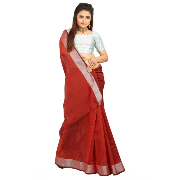 Women's Cotton Silk Self Design Saree With Unstitched Blouse 5.5Mtr (Red) - Red
