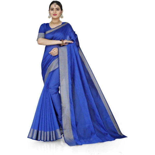 Women's Cotton Silk Self Design Saree With Unstitched Blouse 5.5Mtr (Blue) - Blue