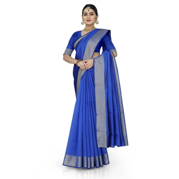 Women's Cotton Silk Self Design Saree With Unstitched Blouse 5.5Mtr (Blue) - Blue