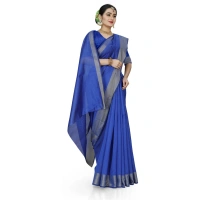 Women's Cotton Silk Self Design Saree With Unstitched Blouse 5.5Mtr (Blue) - Blue