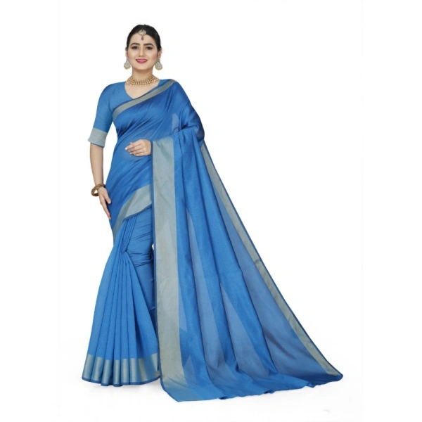 Women's Cotton Silk Self Design Saree With Unstitched Blouse 5.5Mtr (Light Blue) - Light Blue