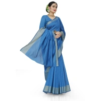Women's Cotton Silk Self Design Saree With Unstitched Blouse 5.5Mtr (Light Blue) - Light Blue
