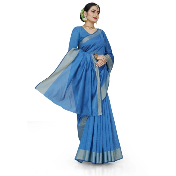 Women's Cotton Silk Self Design Saree With Unstitched Blouse 5.5Mtr (Light Blue) - Light Blue