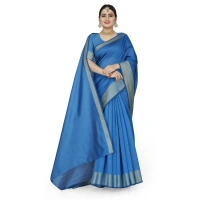Women's Cotton Silk Self Design Saree With Unstitched Blouse 5.5Mtr (Light Blue) - Light Blue