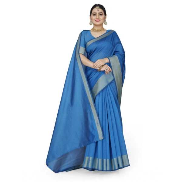 Women's Cotton Silk Self Design Saree With Unstitched Blouse 5.5Mtr (Light Blue) - Light Blue