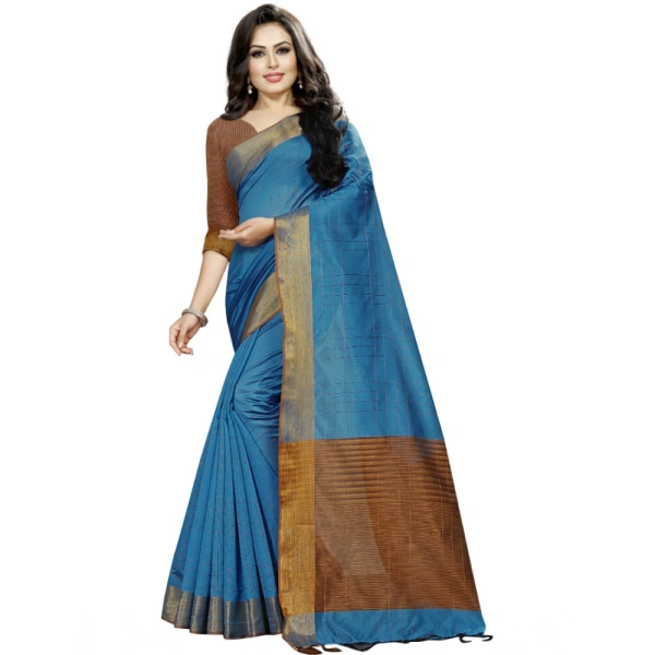 Women's Cotton Silk Self Design Saree With Unstitched Blouse 5.5Mtr (Light Blue) - Light Blue