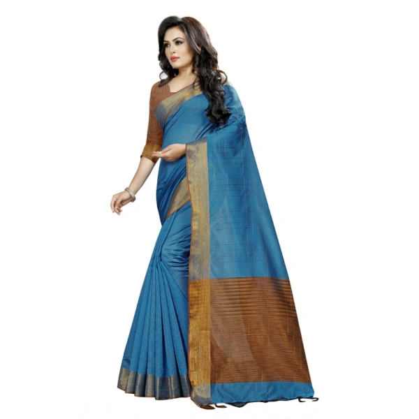 Women's Cotton Silk Self Design Saree With Unstitched Blouse 5.5Mtr (Light Blue) - Light Blue