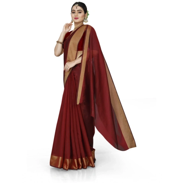 Women's Cotton Silk Self Design Saree With Unstitched Blouse 5.5Mtr (Maroon) - Maroon