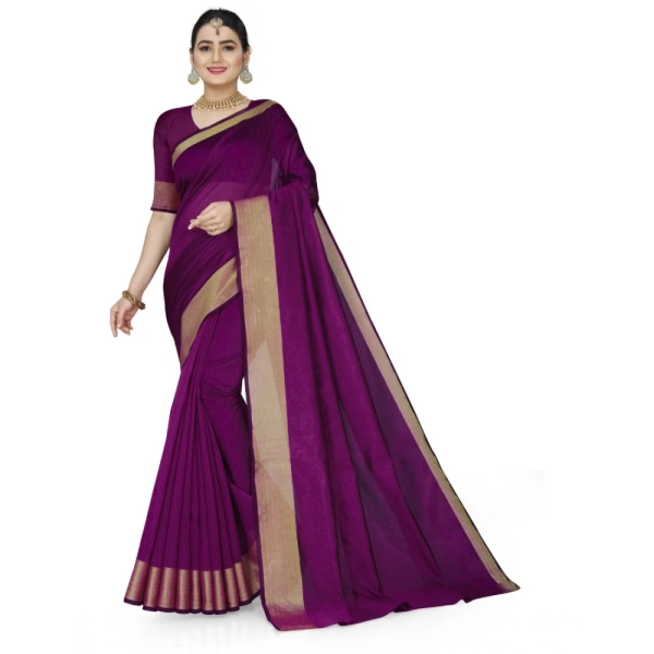 Women's Cotton Silk Self Design Saree With Unstitched Blouse 5.5Mtr (Purple) - Purple