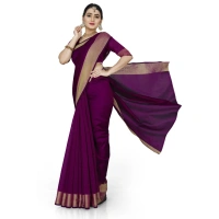 Women's Cotton Silk Self Design Saree With Unstitched Blouse 5.5Mtr (Purple) - Purple