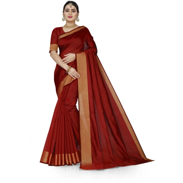 Women's Cotton Silk Self Design Saree With Unstitched Blouse 5.5Mtr (Red) - Red