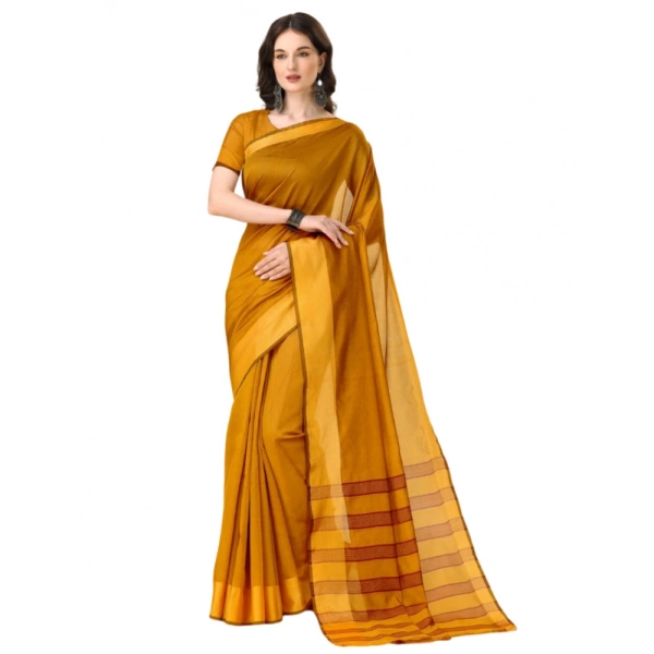 Women's Cotton Silk Striped Saree With Unstitched Blouse 5.5Mtr (Mustard) - Mustard
