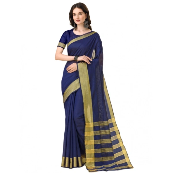 Women's Cotton Silk Striped Saree With Unstitched Blouse 5.5Mtr (Dark Blue) - Dark Blue