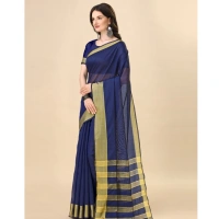 Women's Cotton Silk Striped Saree With Unstitched Blouse 5.5Mtr (Dark Blue) - Dark Blue