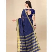 Women's Cotton Silk Striped Saree With Unstitched Blouse 5.5Mtr (Dark Blue) - Dark Blue