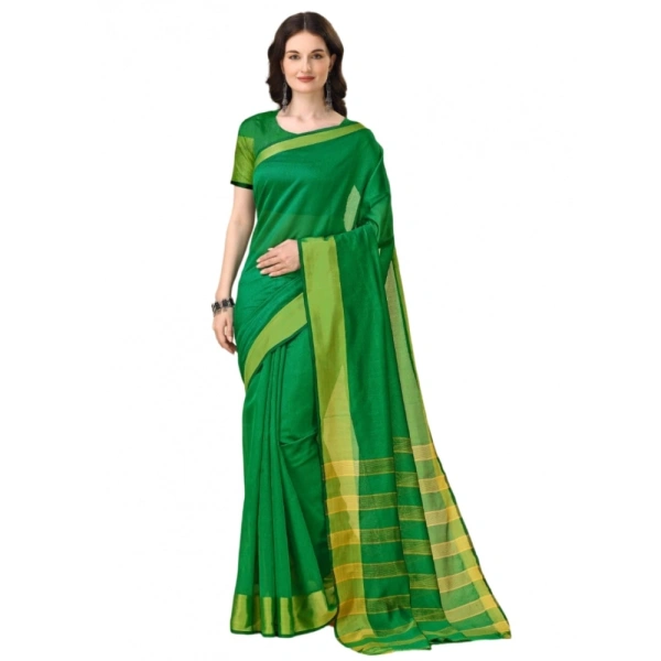 Women's Cotton Silk Striped Saree With Unstitched Blouse 5.5Mtr (Green) - Green