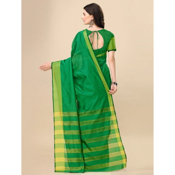 Women's Cotton Silk Striped Saree With Unstitched Blouse 5.5Mtr (Green) - Green