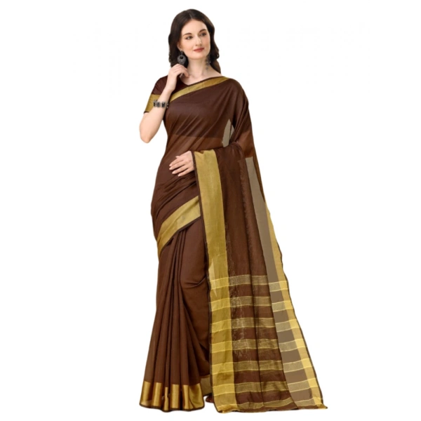 Women's Cotton Silk Striped Saree With Unstitched Blouse 5.5Mtr (Brown) - Brown