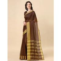Women's Cotton Silk Striped Saree With Unstitched Blouse 5.5Mtr (Brown) - Brown