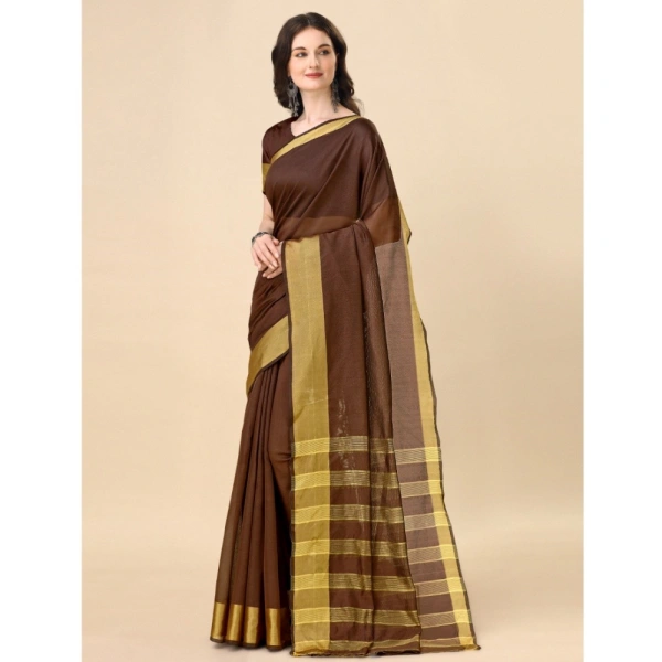 Women's Cotton Silk Striped Saree With Unstitched Blouse 5.5Mtr (Brown) - Brown