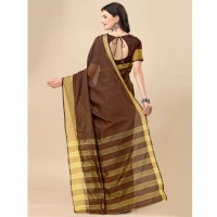 Women's Cotton Silk Striped Saree With Unstitched Blouse 5.5Mtr (Brown) - Brown