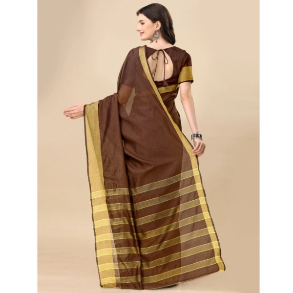 Women's Cotton Silk Striped Saree With Unstitched Blouse 5.5Mtr (Brown) - Brown