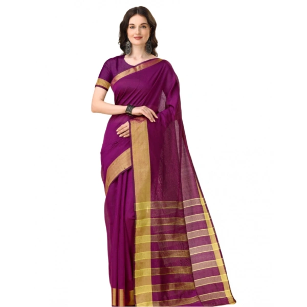 Women's Cotton Silk Striped Saree With Unstitched Blouse 5.5Mtr (Purple) - Purple