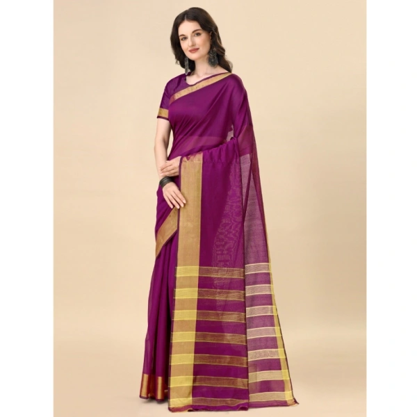 Women's Cotton Silk Striped Saree With Unstitched Blouse 5.5Mtr (Purple) - Purple