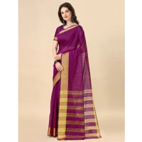 Women's Cotton Silk Striped Saree With Unstitched Blouse 5.5Mtr (Purple) - Purple