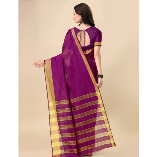 Women's Cotton Silk Striped Saree With Unstitched Blouse 5.5Mtr (Purple) - Purple