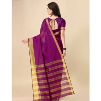 Women's Cotton Silk Striped Saree With Unstitched Blouse 5.5Mtr (Purple) - Purple