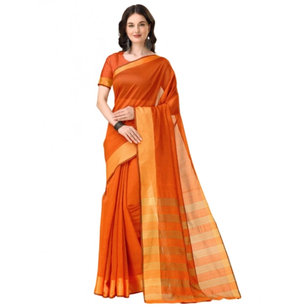 Women's Cotton Silk Striped Saree With Unstitched Blouse 5.5Mtr (Orange) - Orange