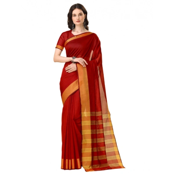 Women's Cotton Silk Striped Saree With Unstitched Blouse 5.5Mtr (Red) - Red