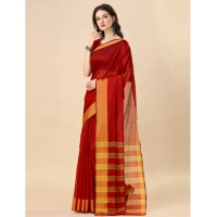 Women's Cotton Silk Striped Saree With Unstitched Blouse 5.5Mtr (Red) - Red