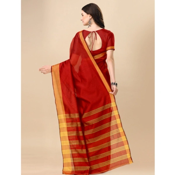 Women's Cotton Silk Striped Saree With Unstitched Blouse 5.5Mtr (Red) - Red