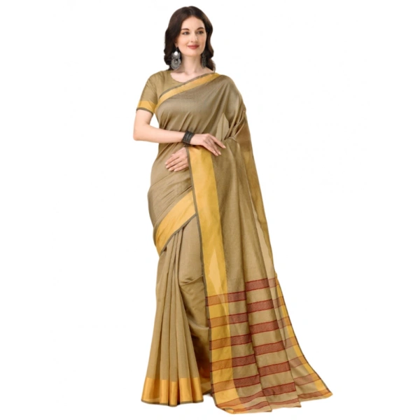 Women's Cotton Silk Striped Saree With Unstitched Blouse 5.5Mtr (Cream) - Cream
