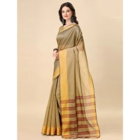 Women's Cotton Silk Striped Saree With Unstitched Blouse 5.5Mtr (Cream) - Cream