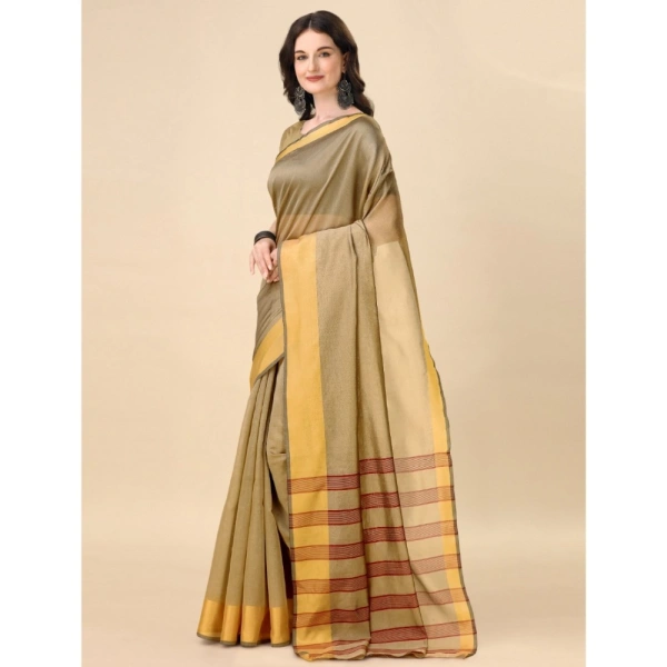 Women's Cotton Silk Striped Saree With Unstitched Blouse 5.5Mtr (Cream) - Cream