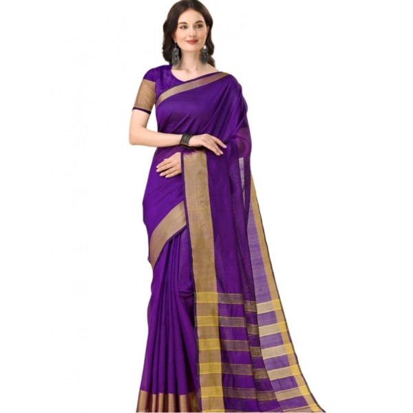 Women's Cotton Silk Striped Saree With Unstitched Blouse 5.5Mtr (Multicolor) - Multicolor