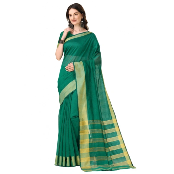 Women's Cotton Silk Striped Saree With Unstitched Blouse 5.5Mtr (Light Green) - Light Green
