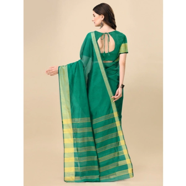 Women's Cotton Silk Striped Saree With Unstitched Blouse 5.5Mtr (Light Green) - Light Green