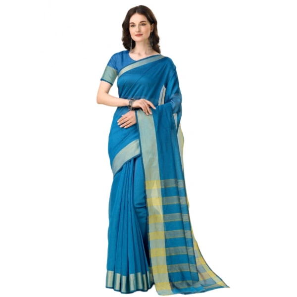 Women's Cotton Silk Striped Saree With Unstitched Blouse 5.5Mtr (Light Blue) - Light Blue