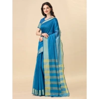 Women's Cotton Silk Striped Saree With Unstitched Blouse 5.5Mtr (Light Blue) - Light Blue