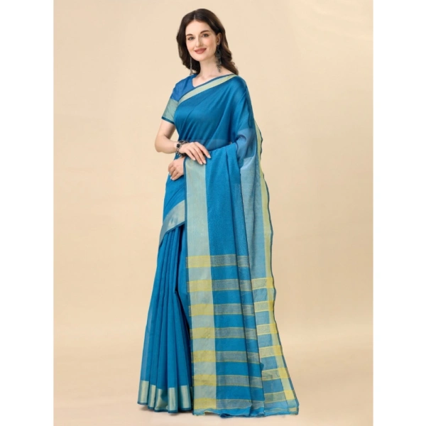 Women's Cotton Silk Striped Saree With Unstitched Blouse 5.5Mtr (Light Blue) - Light Blue