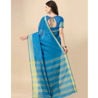 Women's Cotton Silk Striped Saree With Unstitched Blouse 5.5Mtr (Light Blue) - Light Blue